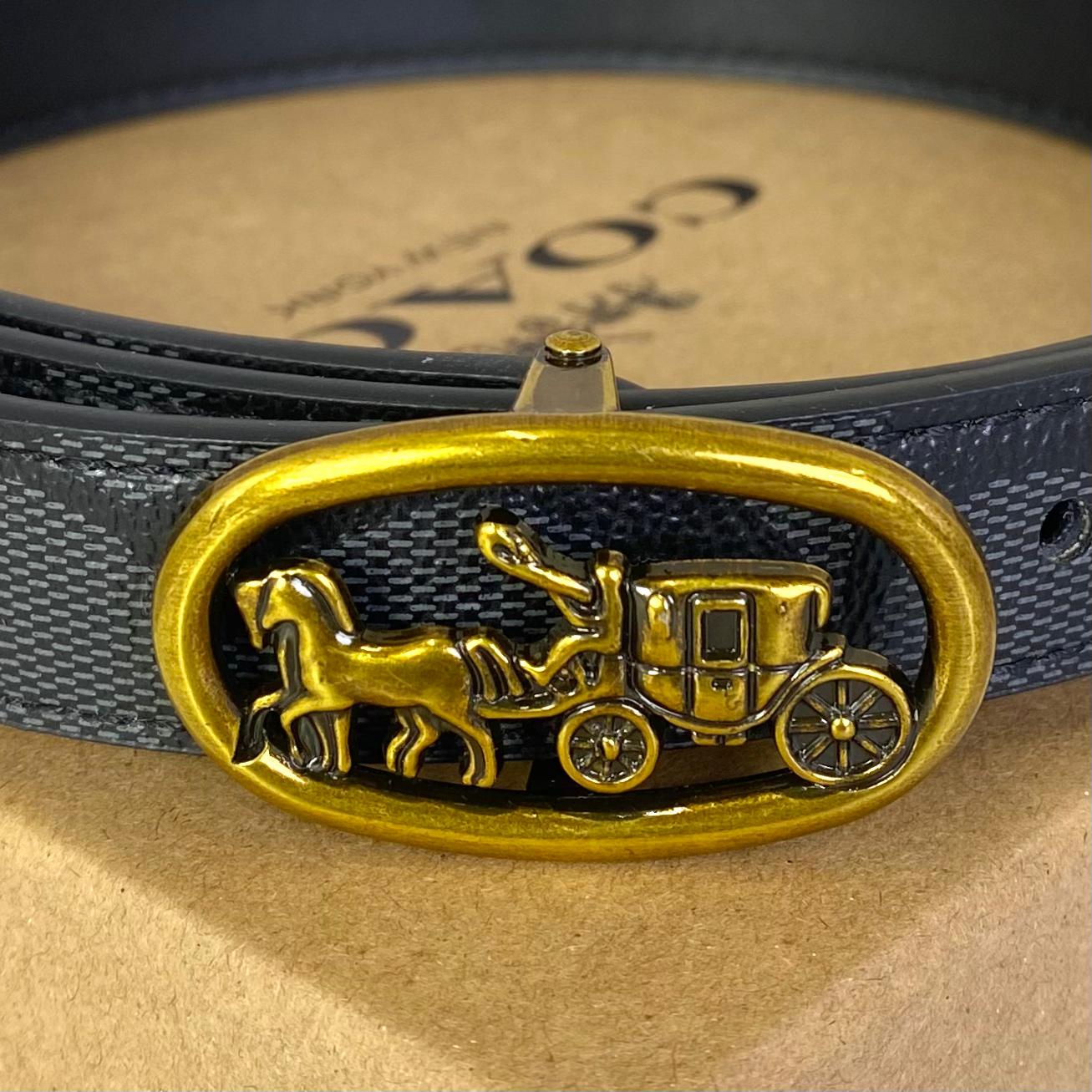 Dây Nịt Coach Signature Canvas Logo Horse And Carriage Plaque DS Black